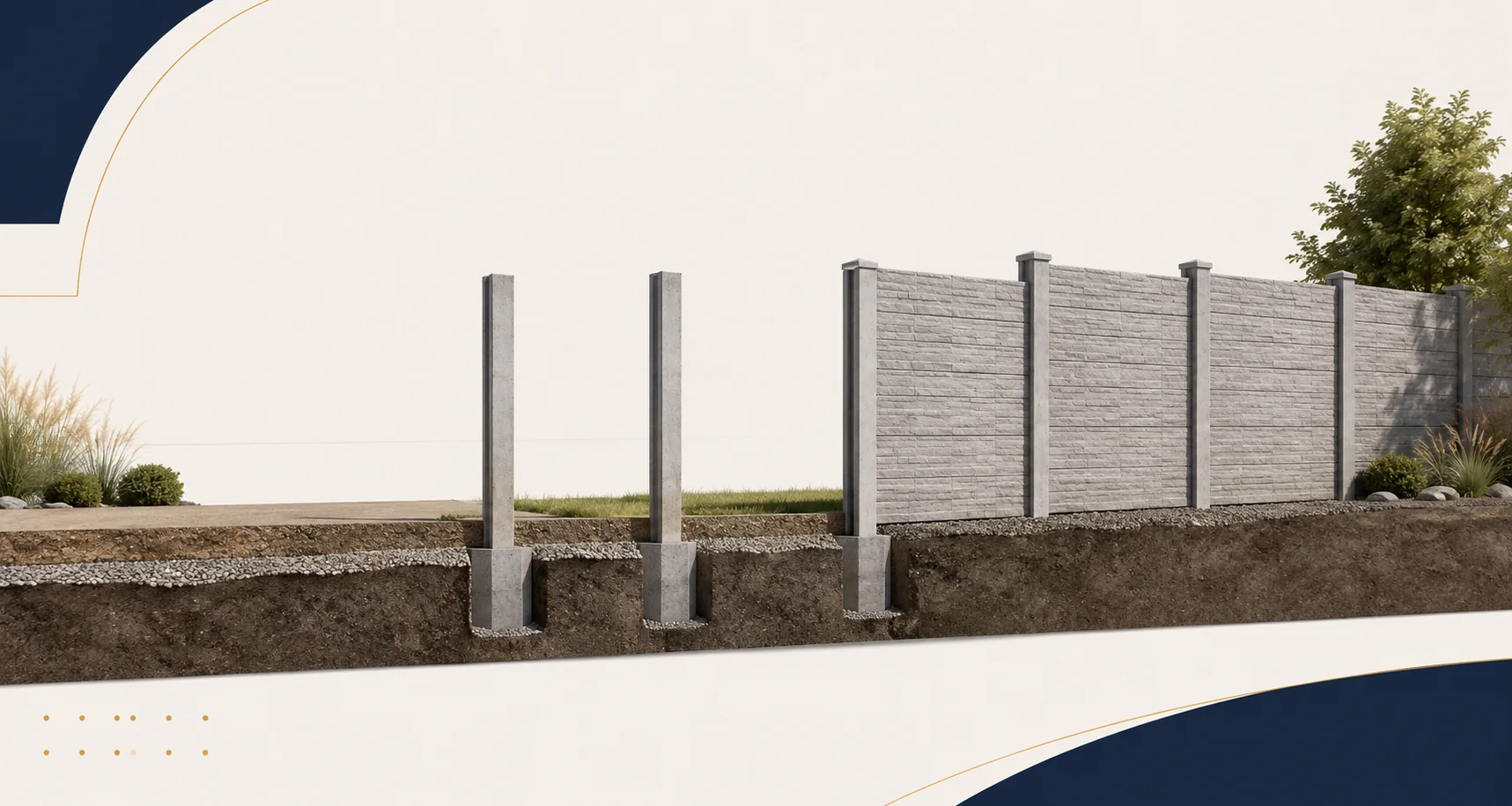 Schematische Illustration des Montageprinzips eines modularen Betonzauns